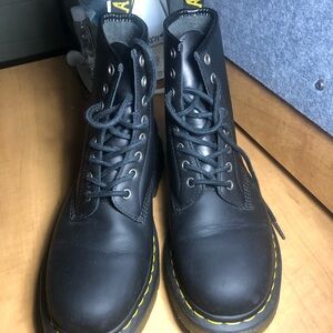 Dr. Martens Black Leather Boots with Yellow Stitching